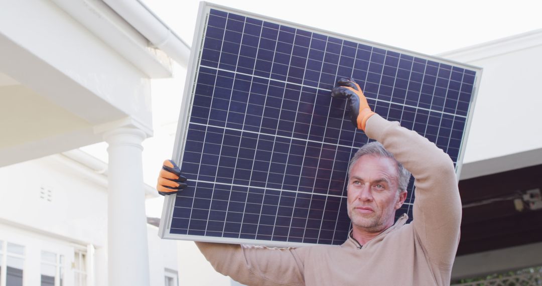 Happy caucasian man wearing gloves, holding solar panel and walking - Free Images, Stock Photos and Pictures on Pikwizard.com