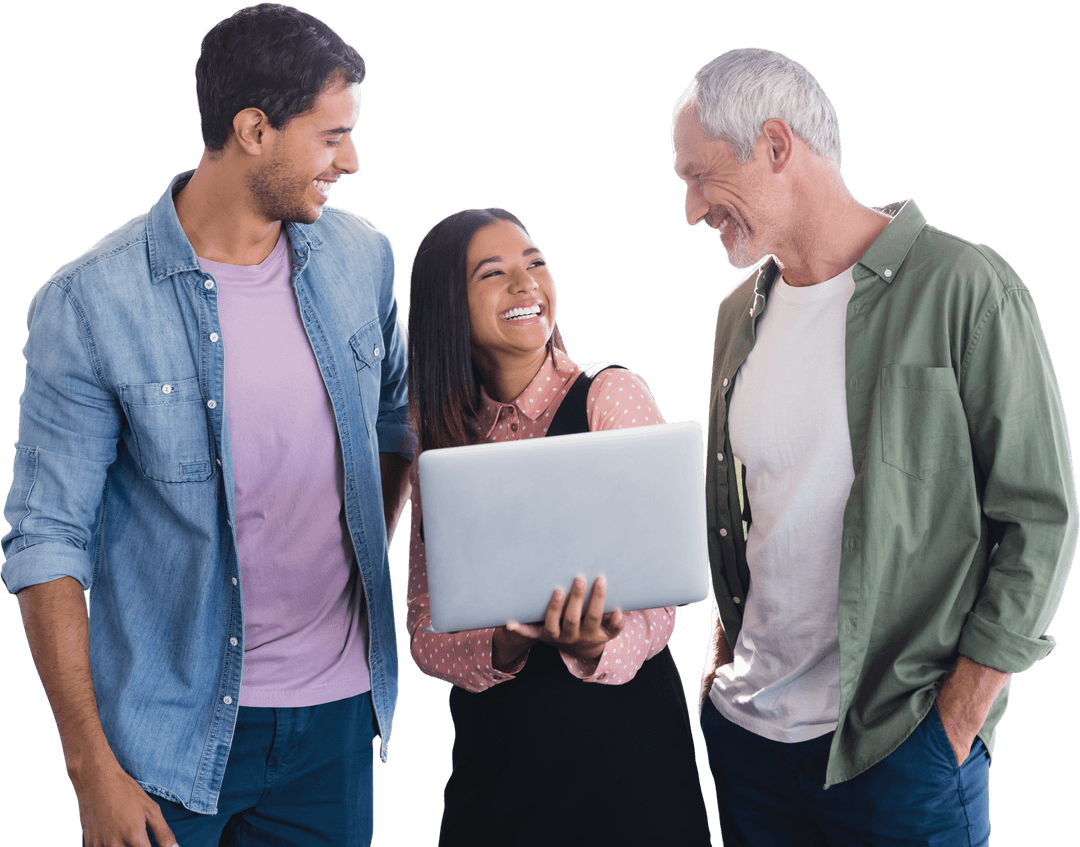 Transparent Happy Team Discusses with Laptop Technology