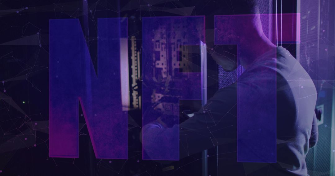 NFT Text Overlay on Worker in Modern Server Room