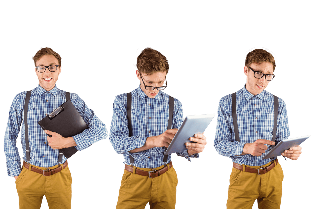 Nerd Holding a Tablet Isolated on Transparent Background