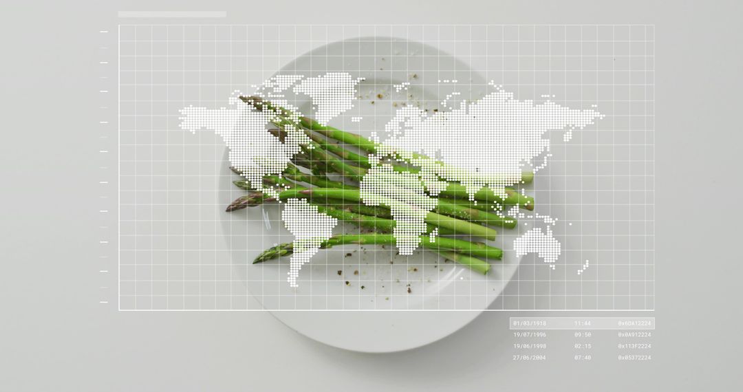 Asparagus sitting on white plate over digital world map overlay for global food concept