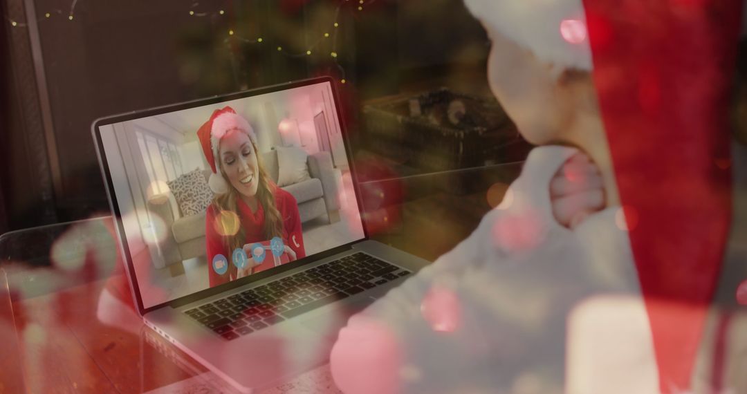 Virtual Holiday Cheer: Video Call with Santa Hats and Christmas Tree