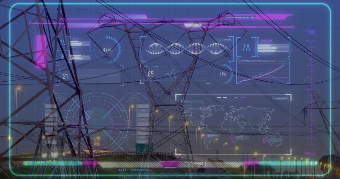 Monitoring Futuristic Power Grid: HUD Overlay on High-Voltage Transmission Towers at Dusk
