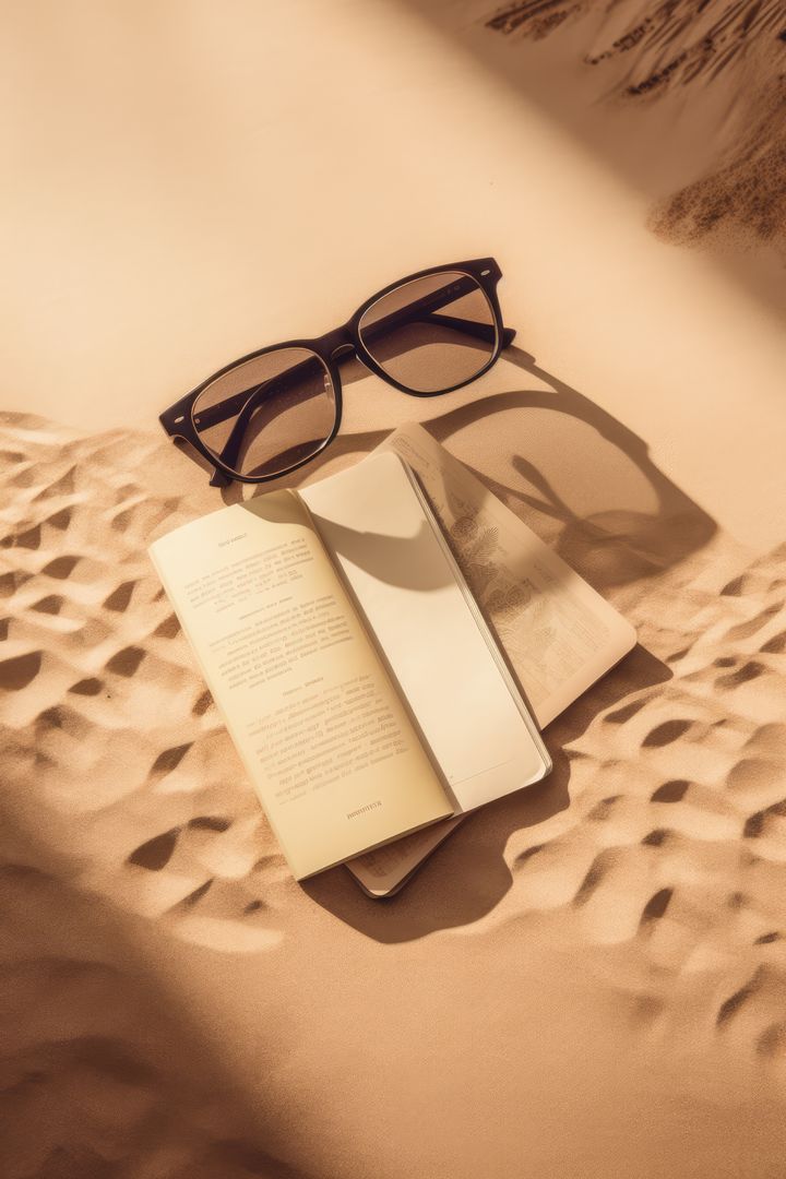 Open book and glasses on sandy surface under warm sunlight - Free Images, Stock Photos and Pictures on Pikwizard.com