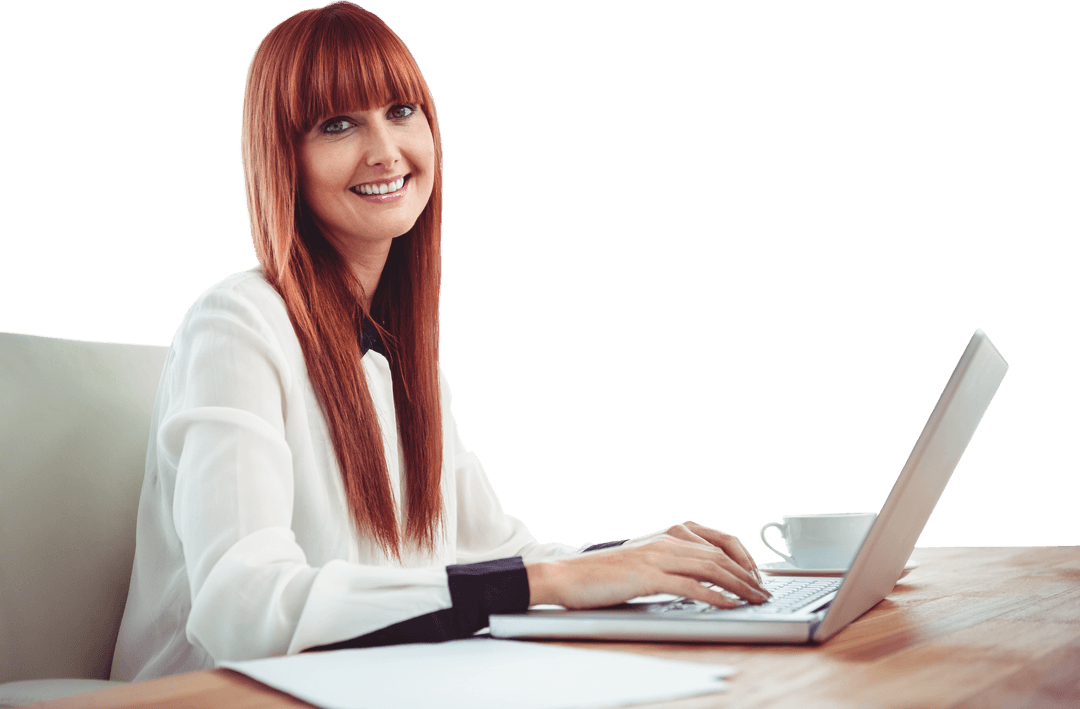 Transparent Smiling Businesswoman Working on Laptop in Office