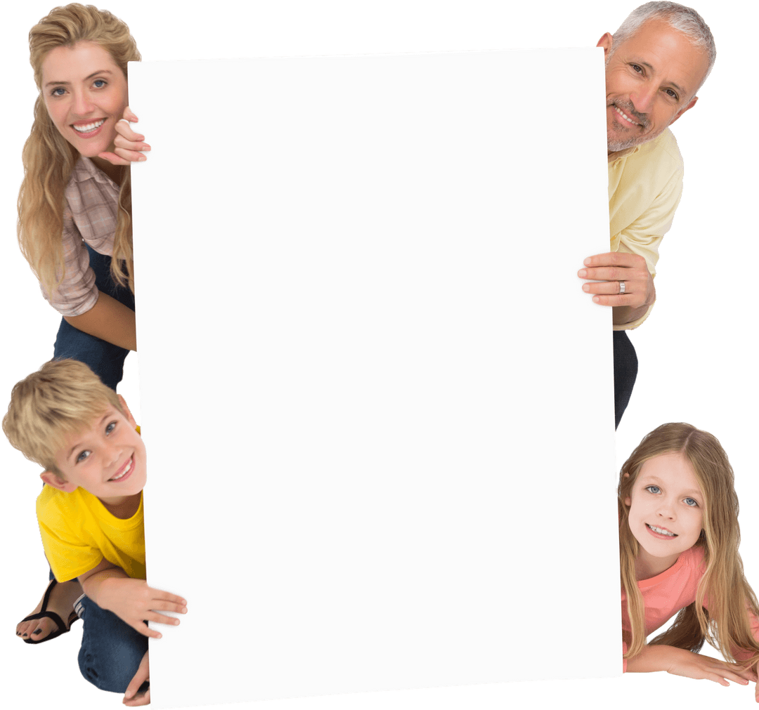 Happy Family Peeking Around Transparent Large Blank Board