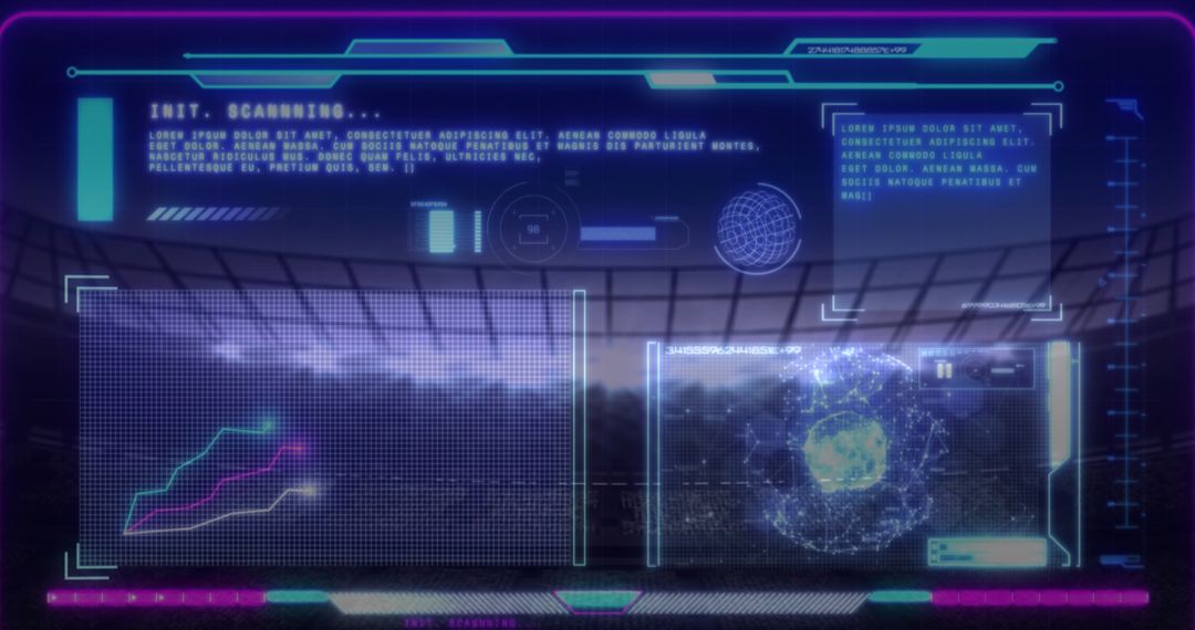 Futuristic Interface Displayed Over Sports Stadium at Night