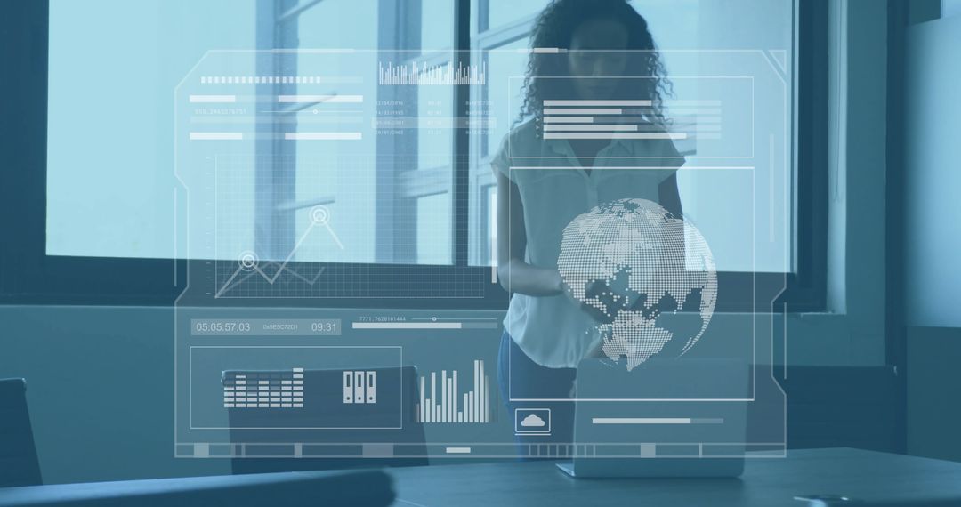 Global Businesswoman Analyzing Virtual Data and Diagrams