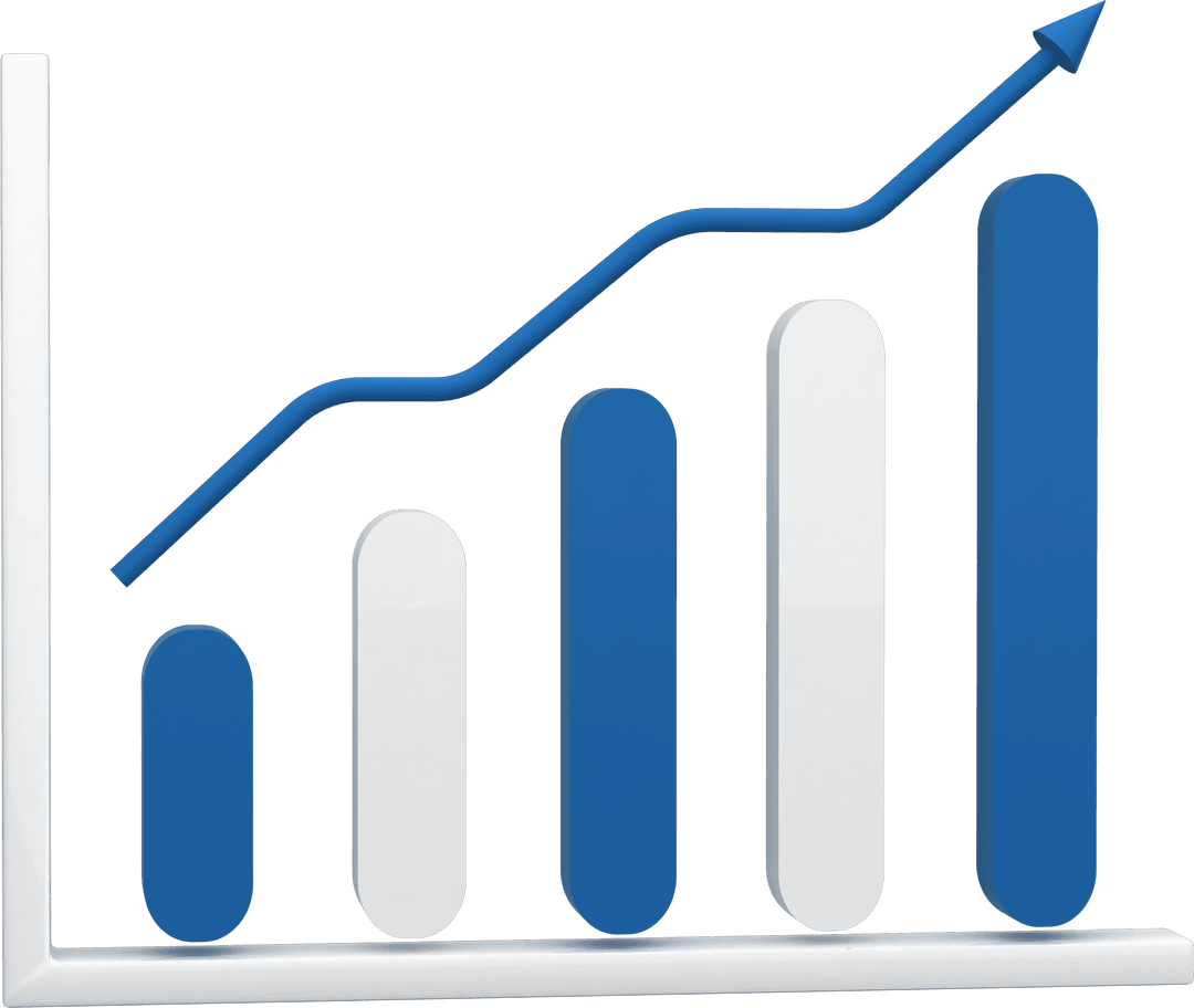 3D Blue and White Bar Chart With Rising Arrow on Transparent Background