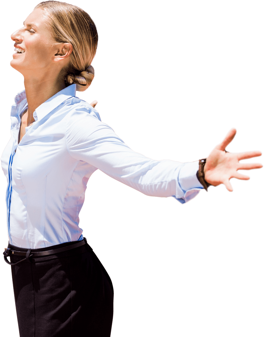 Cheerful Businesswoman Embracing Success on Transparent Background