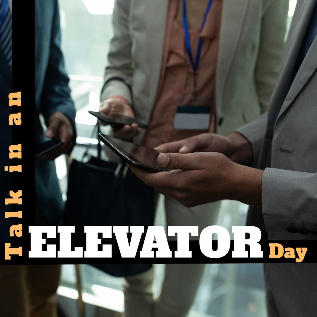 Colleagues Engaging with Smartphones in Elevator