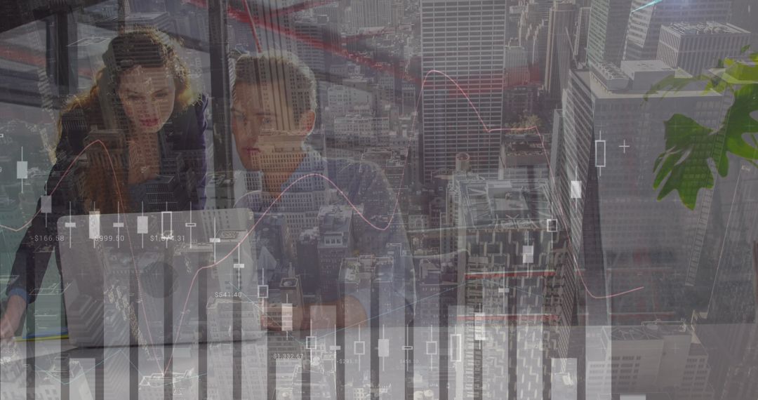 Business Professionals Analyzing Financial Data on Laptop with City Skyline