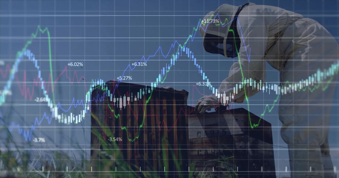 Technician in Hazmat Suit Inspecting Sealed Crate with Financial Charts Overlay and Data Analytics
