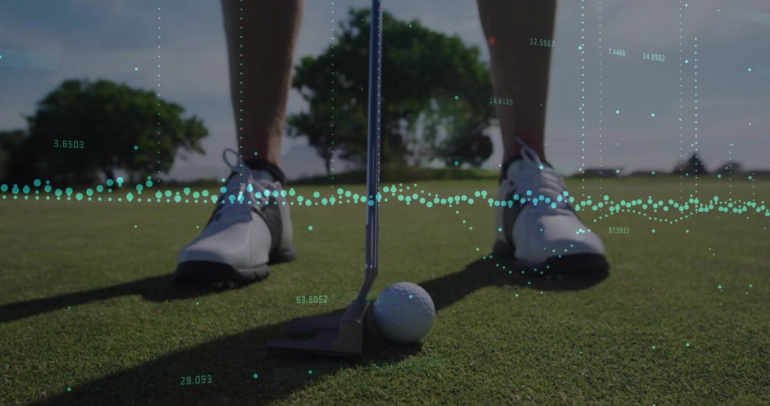Golfer Aiming Putt on Green with Digital Analytics Overlay