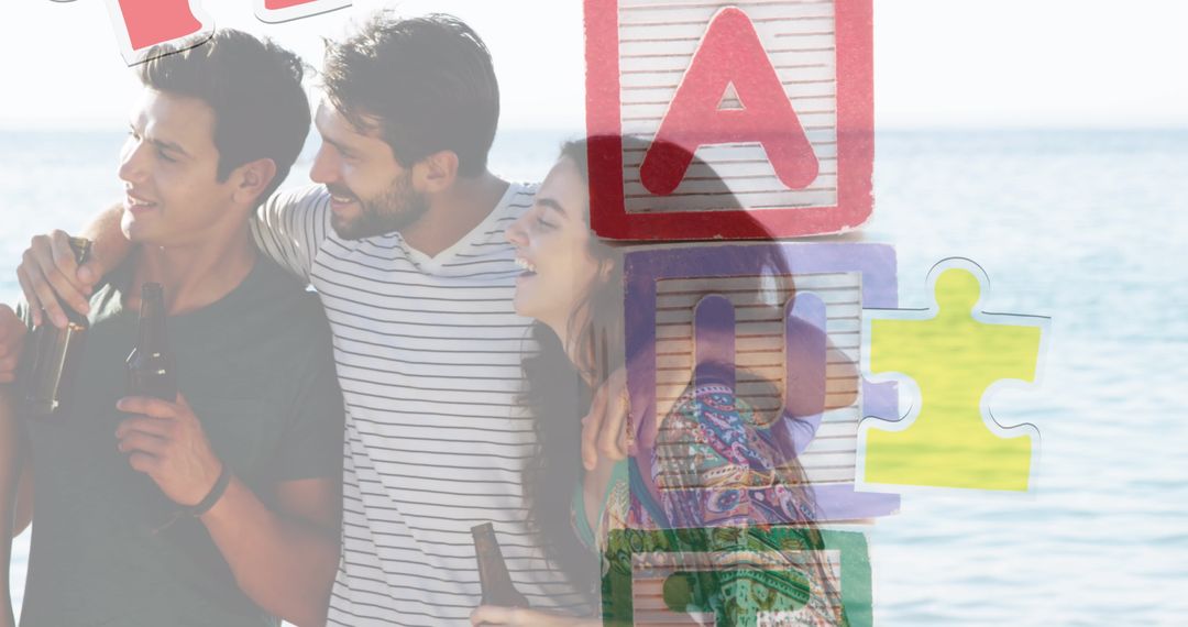 Friends Enjoying Beach Vacation with Drinks and Laughter