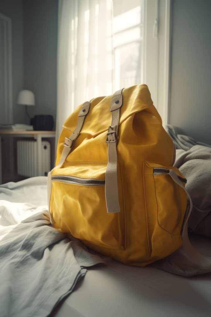 Bright Yellow Backpack on Unmade Bed in Cozy Bedroom - Free Images, Stock Photos and Pictures on Pikwizard.com