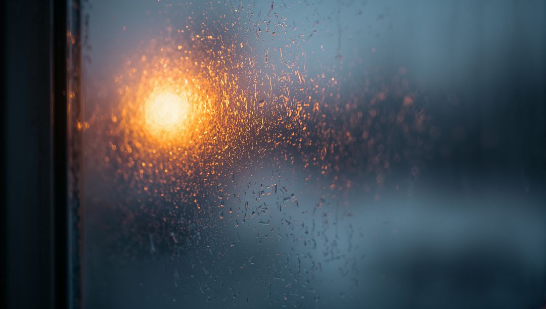 Dewy Window at Dusk with Amber Bokeh Glow, Condensation Droplets and Frosted Texture