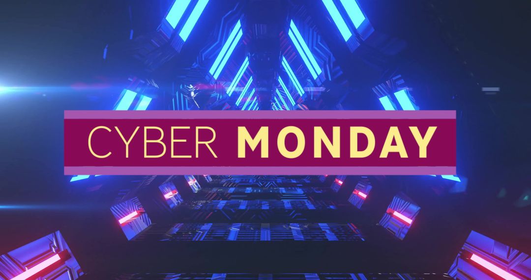 Cyber Monday Text Glow Amidst Neon Light Tunnel
