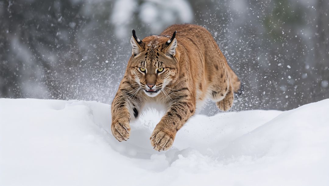 Eurasian Lynx Leaping Through Deep Snowbank in Taiga, Snow Spray, Intense Winter Hunt