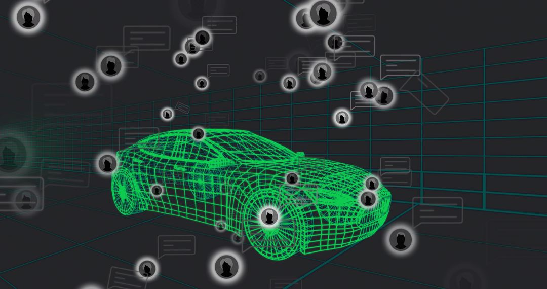 Neon Wireframe Sedan Connecting to Digital Network of User Nodes and Chat Links