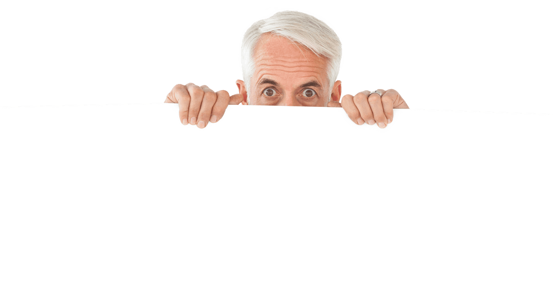 Curious Mature Man Peeking Over Large Transparent Poster