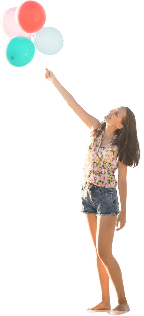 Happy Caucasian Woman Holding Multicolored Balloons on Transparent Background