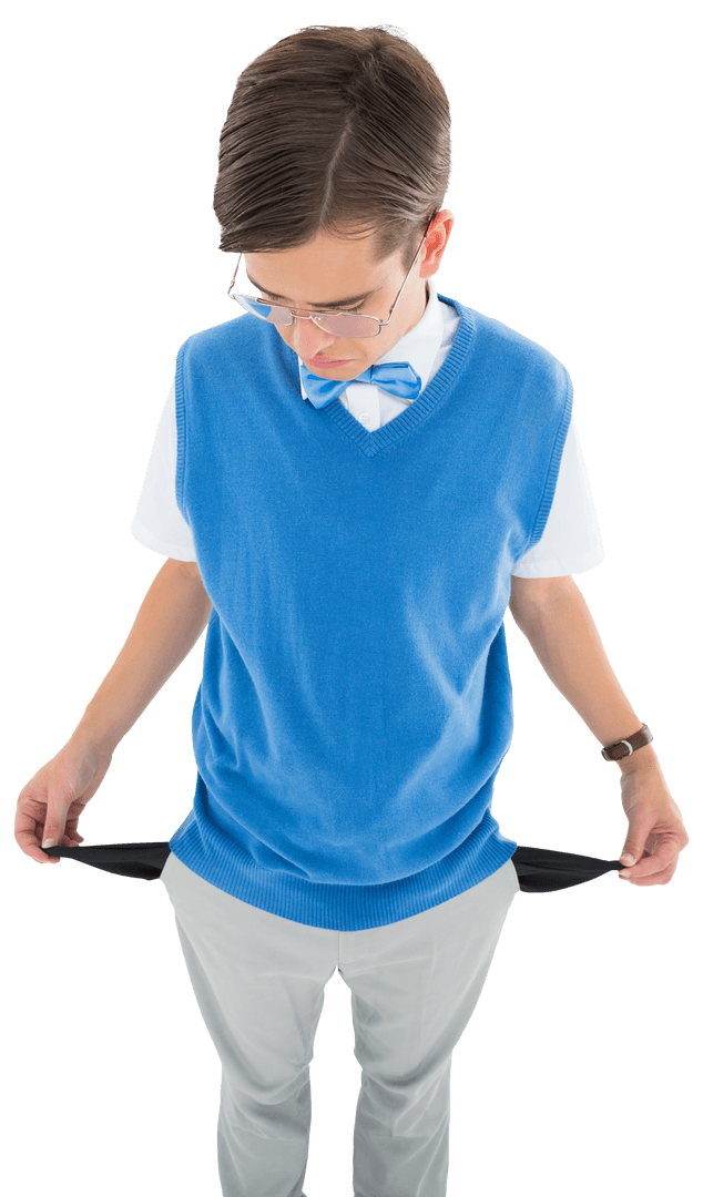 Transparent Geek in Blue Sweater Showing Empty Pockets