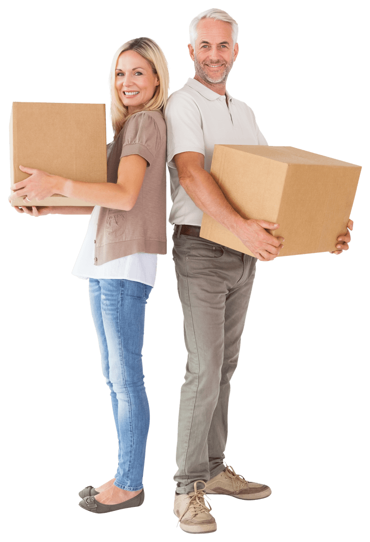 Happy Couple Carrying Cardboard Moving Boxes Transparent Background