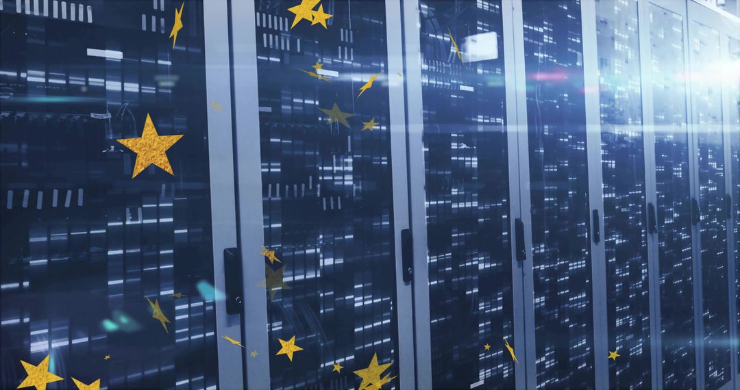 Futuristic Data Center Racks with Digital Stars Overlay