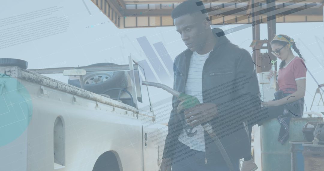 Composite of Fueling at Gas Station with Financial Data Overlay