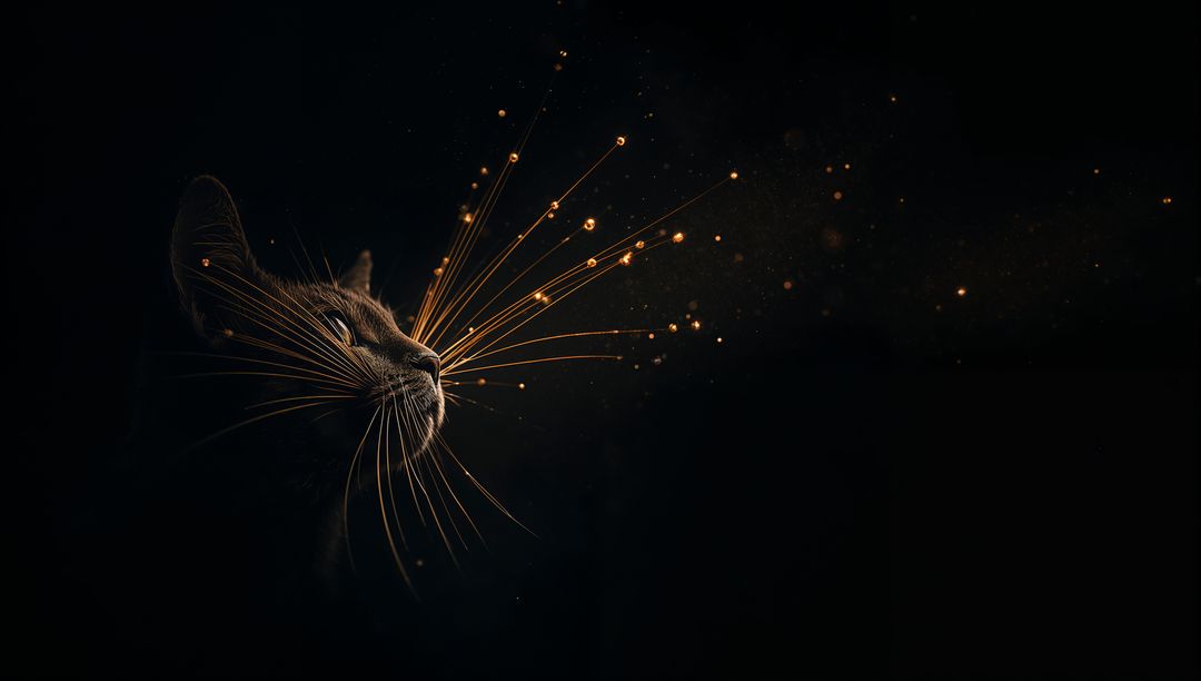 Glowing feline profile emitting golden whiskers turning into sparkling particles on black