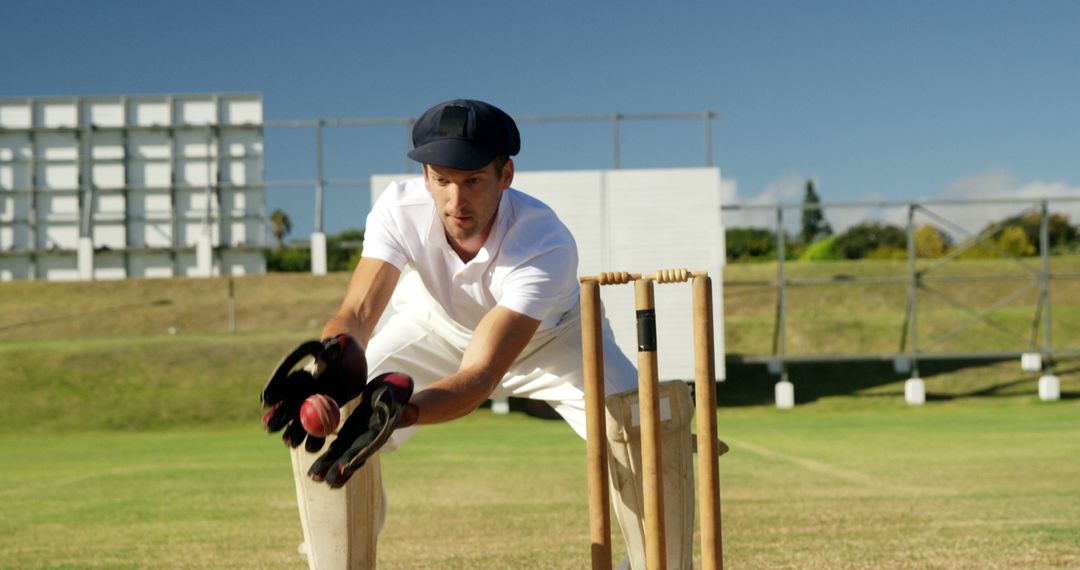 Focused Cricket Player Catching Ball on Outdoor Field - Free Images, Stock Photos and Pictures on Pikwizard.com