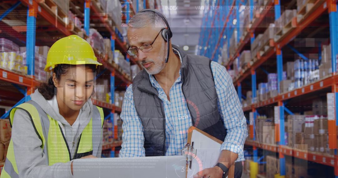 Warehouse Workers Discussing Logistics with Digital Interface