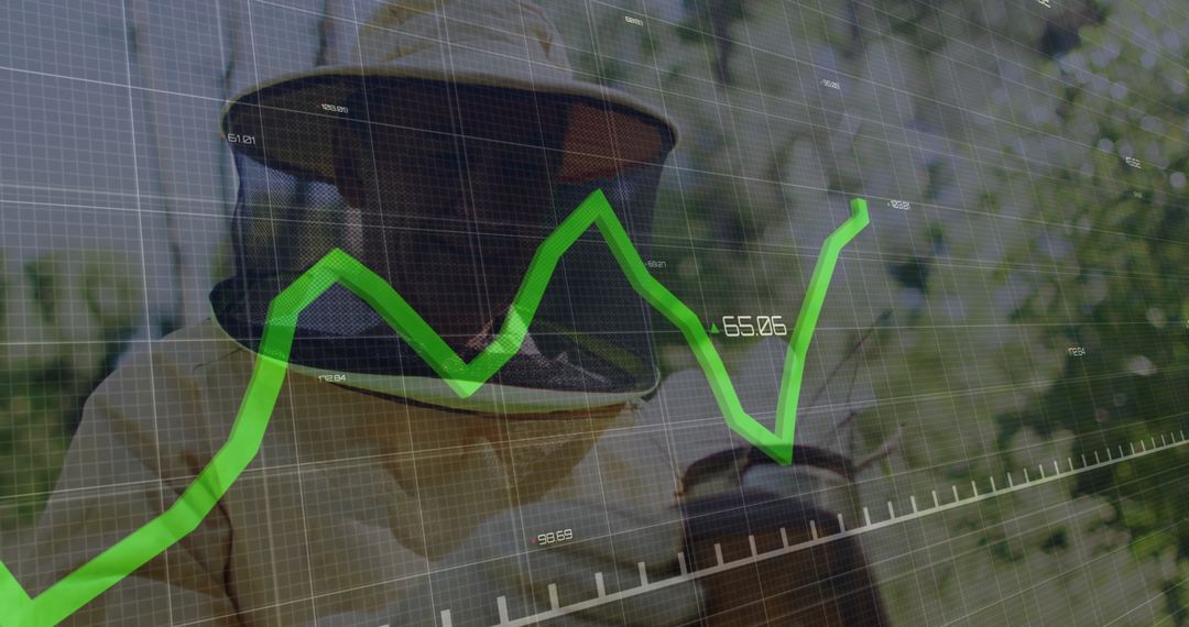 Beekeeper in Protective Suit with Data Graph Overlay