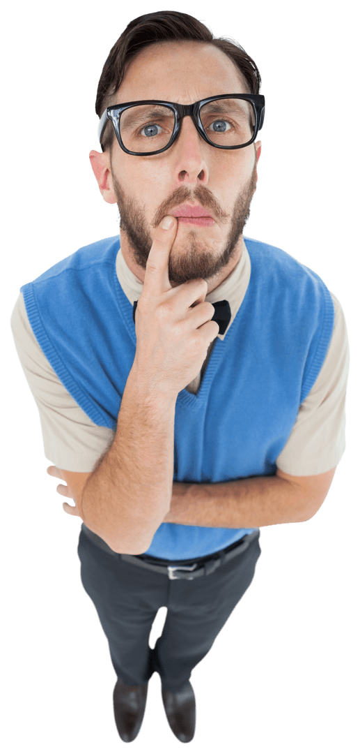 Confused Geeky Hipster in Blue Vest and Glasses on Transparent Background