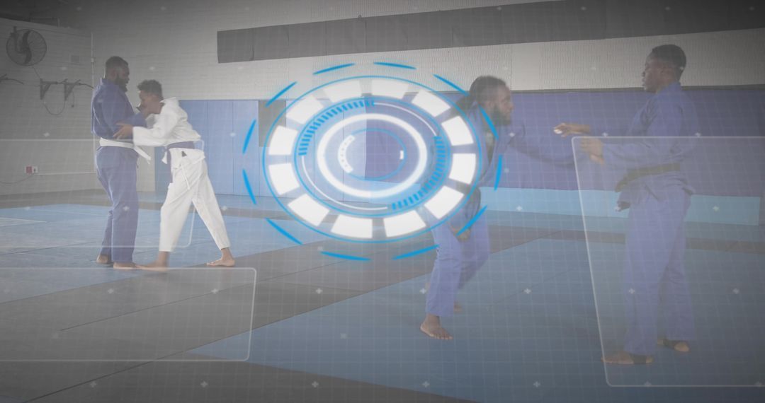 Grappling athletes practicing judo and jiu-jitsu with futuristic HUD training overlay