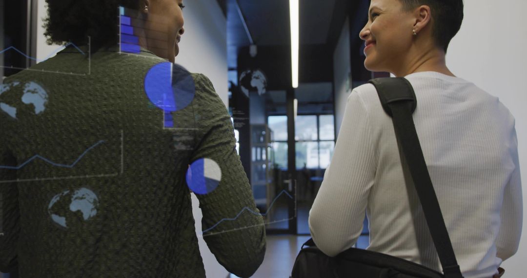 Office Professionals Collaborating in Modern Corridor with Digital Overlay