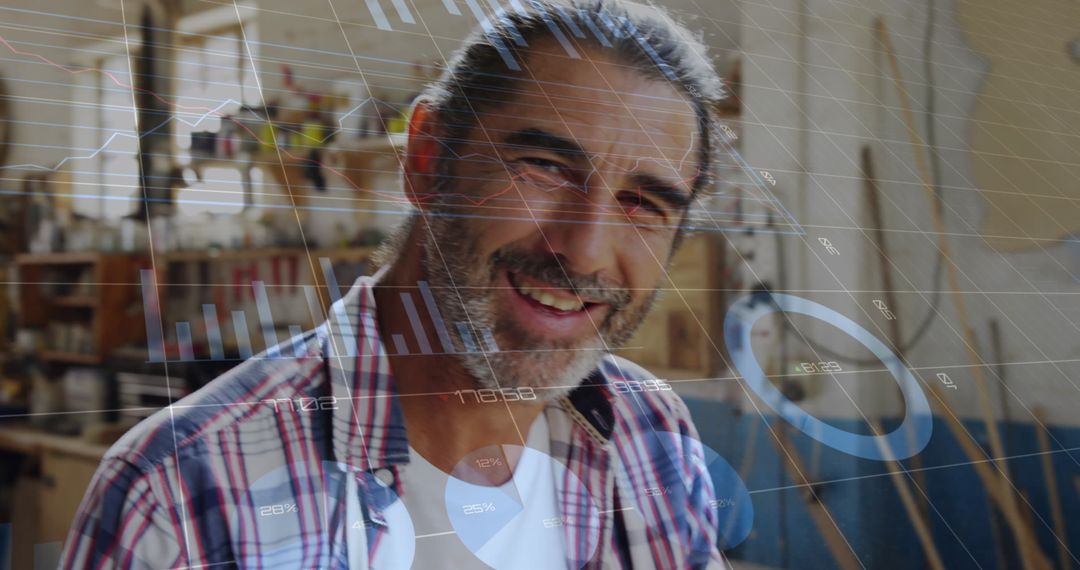 Digital Data Overlay on Smiling Male Carpenter
