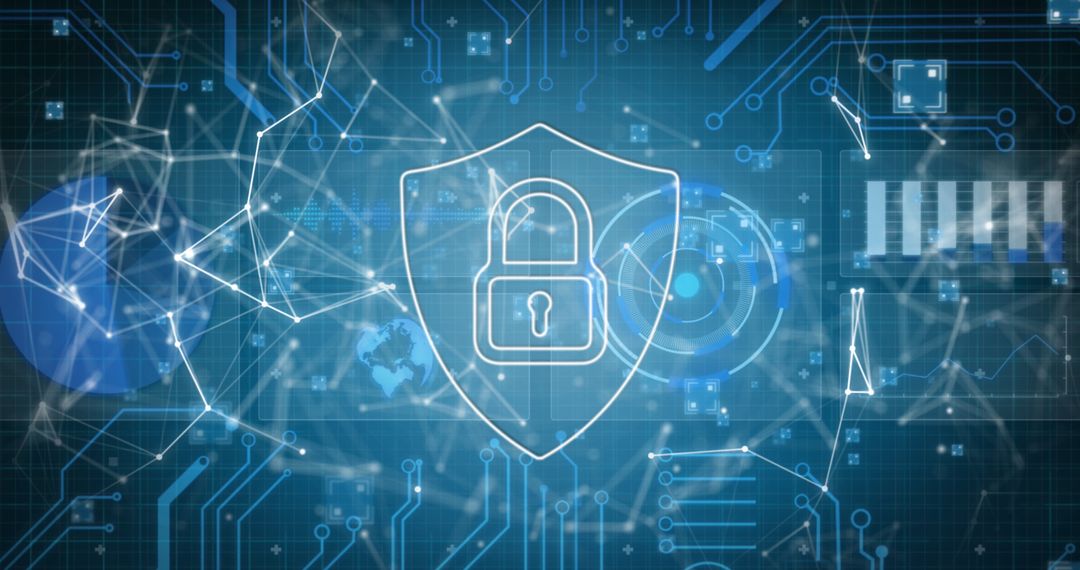 Digital Security Shield with Padlock on Futuristic Network Background