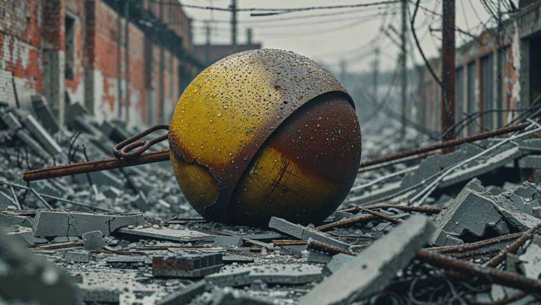 Rusted wrecking ball in industrial ruins