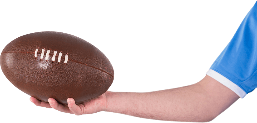 Rugby Player Presenting Rugby Ball on Transparent Background