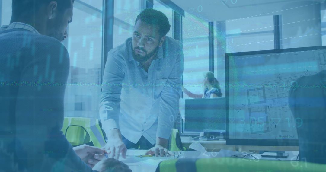 Diverse Architects Discuss Plans Amid Financial Data Overlay