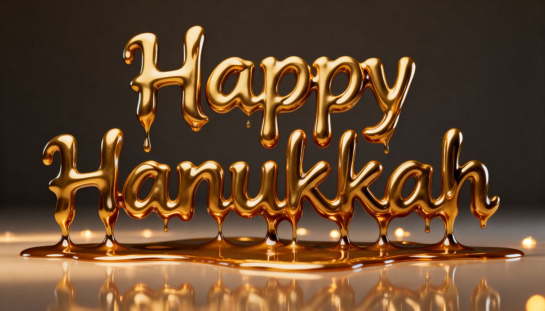 Melting Gold Happy Hanukkah Typography with Dripping Gloss and Candle Bokeh