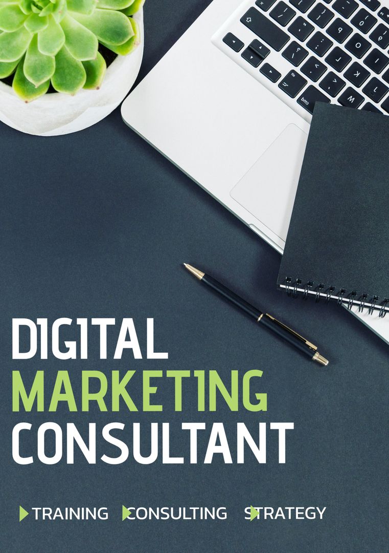 Digital Marketing Consultant Desk with Laptop and Notepad