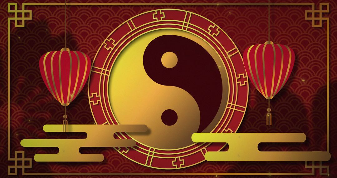 Yin Yang Symbol on Red Scallop Background with Chinese Lanterns - Free Images, Stock Photos and Pictures on Pikwizard.com