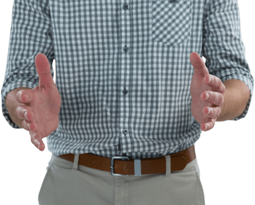 Transparent Object Holding Gesture in Gingham Shirt