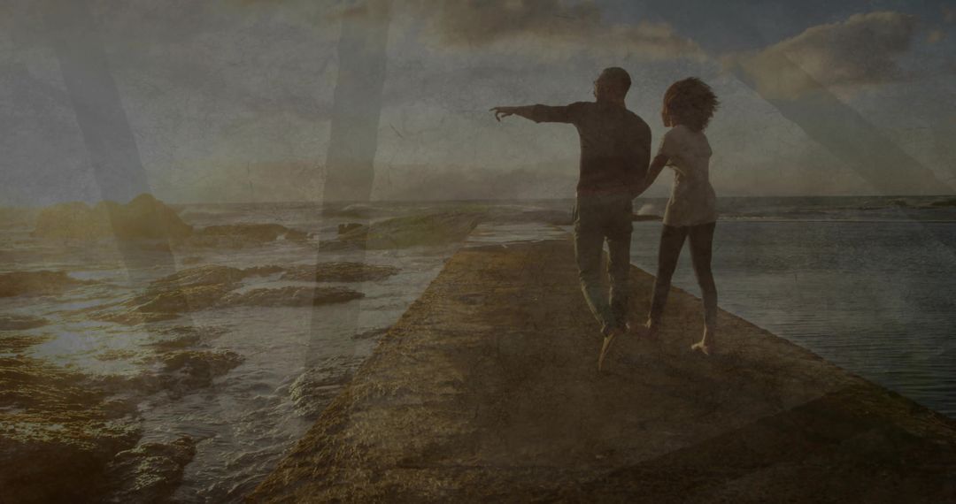 Couple Walking on Pier at Sunset Embracing Tranquility