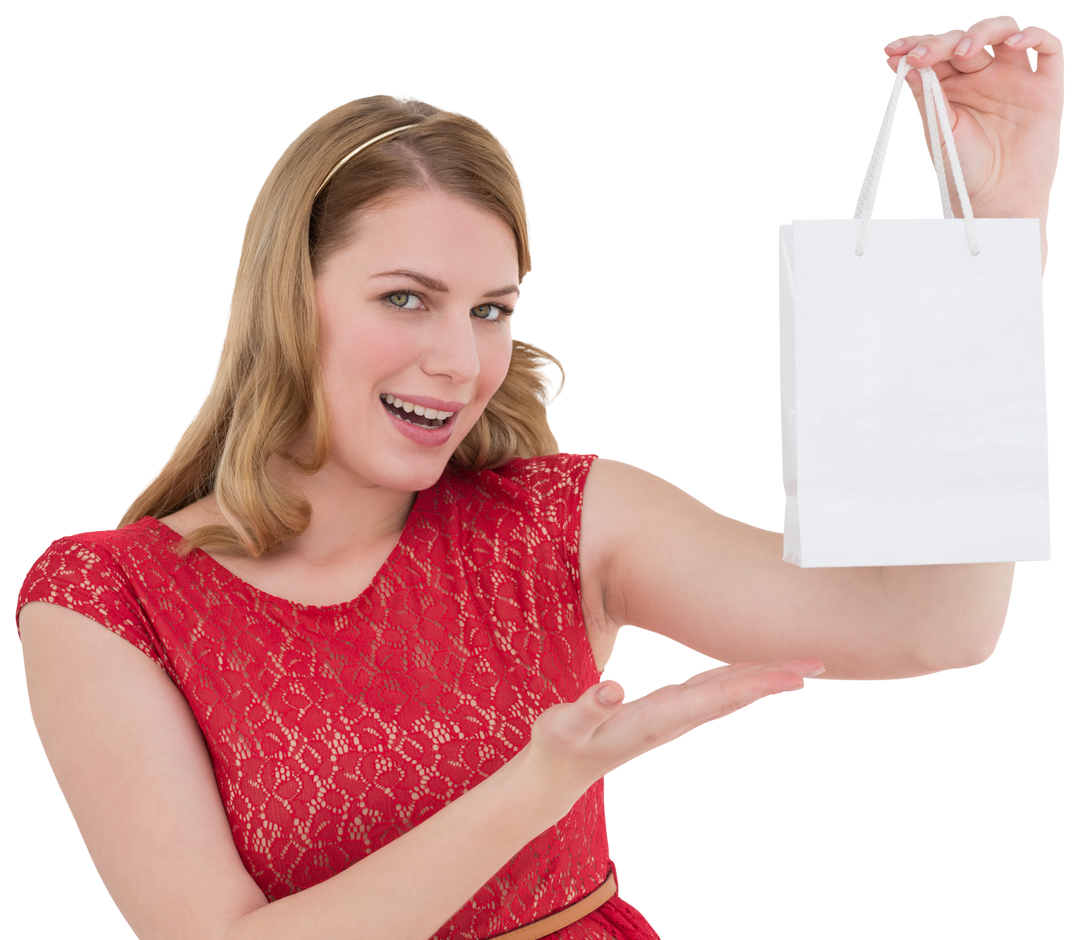 Smiling Woman Presenting White Shopping Bag Transparent Background - Download Free Stock Images Pikwizard.com