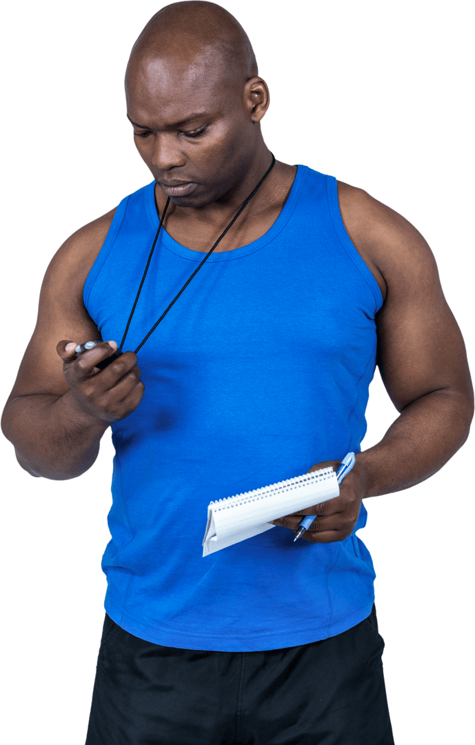 Athletic Male Trainer Checking Stopwatch for Workout Timing Transparency