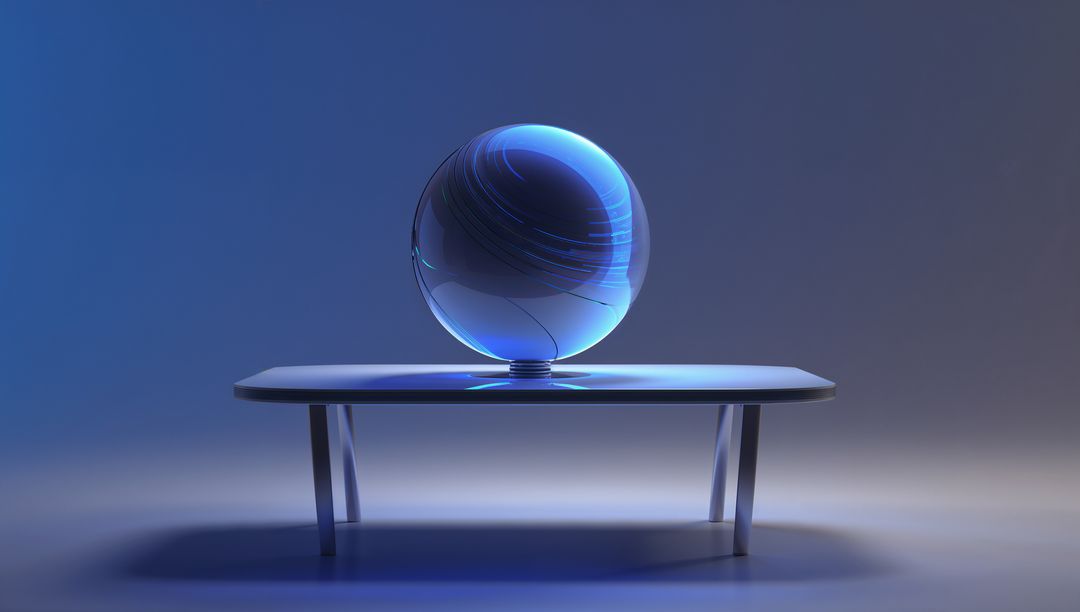 Floating Translucent Blue Glass Sphere Hovering Above Minimal Reflective Table